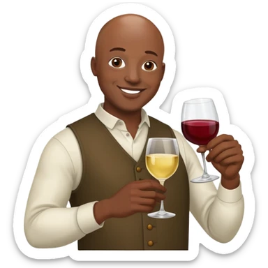 smiling dark skinned bald African American man with wine glass sticker