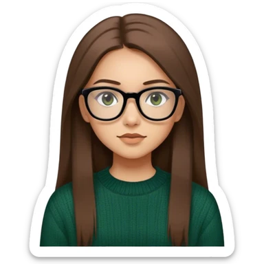girl with straight long brown hair, light skin, black rectangular glasses, dark green sweater, brown eyes sticker