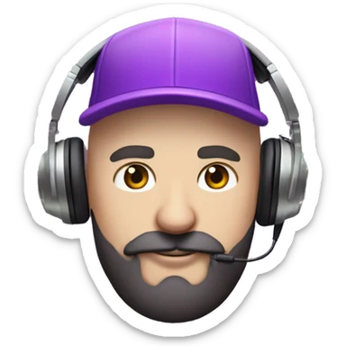 Bald white guy with purple baseball hat with flat rim short black beard and mustache wearing  gaming headphones and a psychedelic shirt with a unicorn on it and smoking a pipe sticker