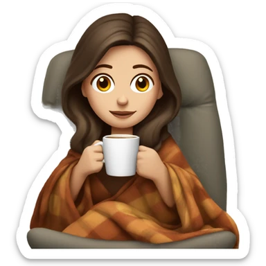 Brunette white girl covered in blanket autumn vibe sitting on a cozy chair holding coffee sticker