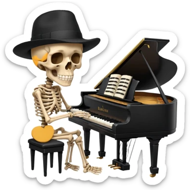 a human skeleton in anatomical proportion wears a black hat and plays the piano sticker