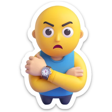A yellow emoji face with a worried expression, looking at a wristwatch with raised eyebrows, showing urgency and stress sticker
