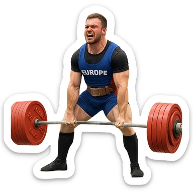 European powerlifter in competition, performing deadlift with very heavy barbell, expression of effort, competition clothing, isolated on white background sticker