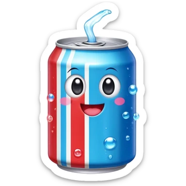 Cute Kawaii Soda Can, bubbly and vibrant, bright red and blue stripes, playful fizz popping around, a chubby happy face with wide sparkling eyes, energetic and refreshing! sticker