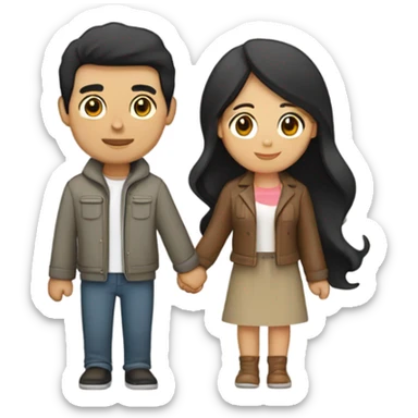 a couple holding hands. the guy has black middle part hair and is Persian and Filipino mix, wearing a jacket. the girl has brown hair white and asian mix, wearing a crop top. sticker