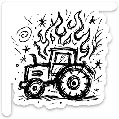 A tractor on fire, icon style, black and white, chaotic sticker