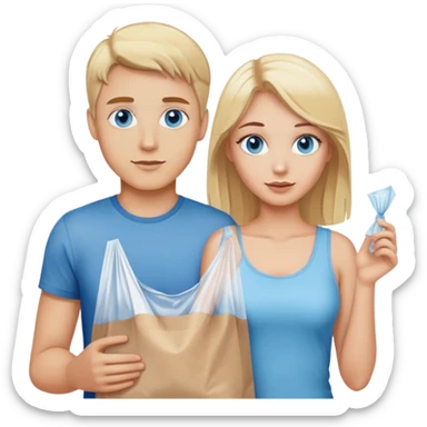 Blonde guy with blue eyes and blonde girl with brown eyes holding a plastic bag sticker