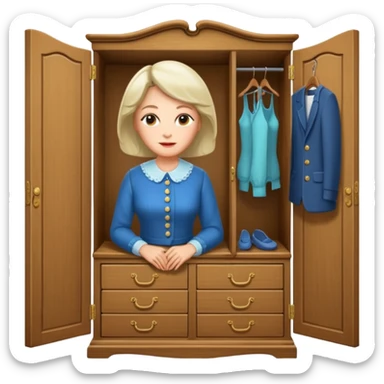 A character from the fairy tale Beauty and the Beast: the middle-aged lady (around 40 years old) who was turned into a wardrobe. She retains the wardrobe's original form, with an anthropomorphic face on the closed cabinet. sticker