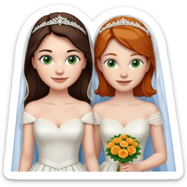 A tall, pale woman with very dark brown hair and green eyes marrying a shorter ginger woman with blue eyes, both in wedding dresses. sticker