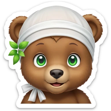 Playful brown bear cub in a white silk durag with a slight smile and bright green eyes, iOS emoji style sticker