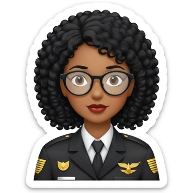 femme pilote d'avion en uniforme noir aux cheveux bouclés noir et petites lunettes arrondis identique avec des cheveux dans le dos sticker