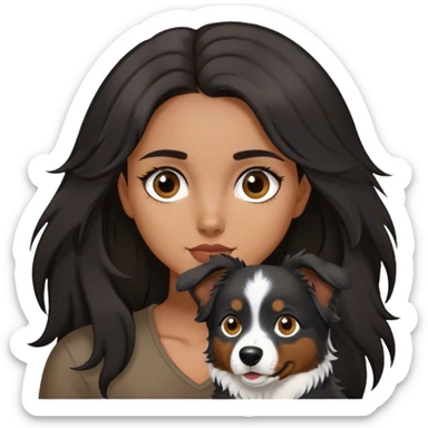 latina girl with long dark hair and dark brown eyes with a black tri Australian shepherd sticker