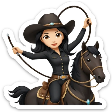confident Asian woman with long black hair wearing black outfit riding a horse cowgirl style with a lasso sticker