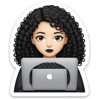 a girl typing mac book air with long black curly hair and brown eyes with winged black eyeliner sticker