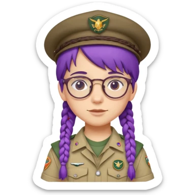 bşue uniform wearing scout kid with braids and glassess with hat purple haired sticker