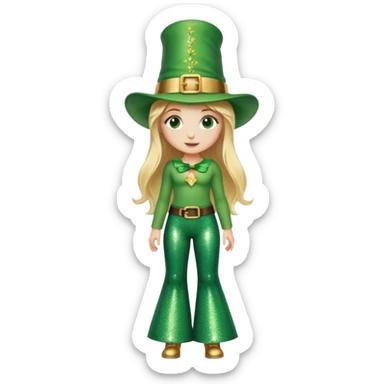 Blonde haired girl in glittery green bell bottoms and tall leprechaun hat sticker