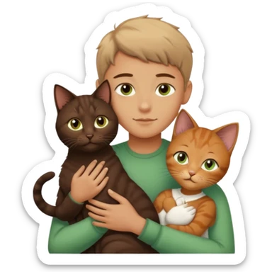 Crea un emoji donde salga un chico moreno con los ojos claros, una chica morena con los ojos marrones y un gato europeo comun de pelaje oscuro y ojos verde claro, quiero que se esten abrazando y el gato este en el medio de los dos sticker