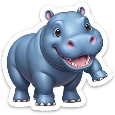 cinematic-hippo-realistic-full-body-side-view-standing-on-all-fours-emoji,-massive-round-frame,-wide-mouthed-grin-exposing-huge-teeth,-head-tilted-dramatically,-thick-greyish blue-hide-glossy, big cute eyes sticker