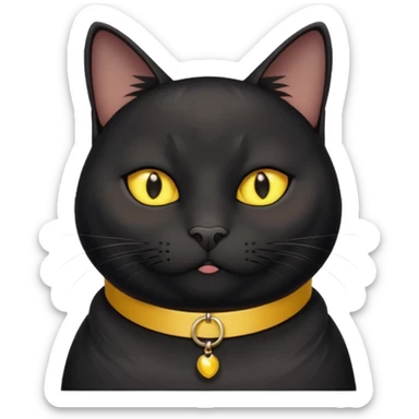 Un gato negro gordito con los ojos de color amarillos sentado con un collar que diga: waina michi sticker