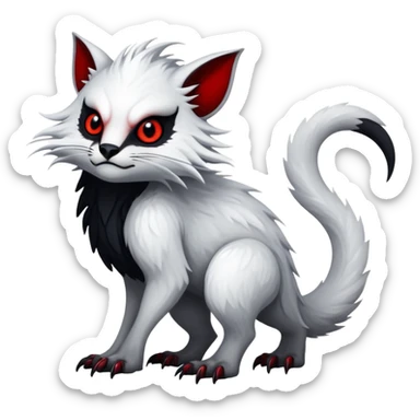a white exotic edgy vernid-fionbri-creature, with black belly and red eyes, full body sticker