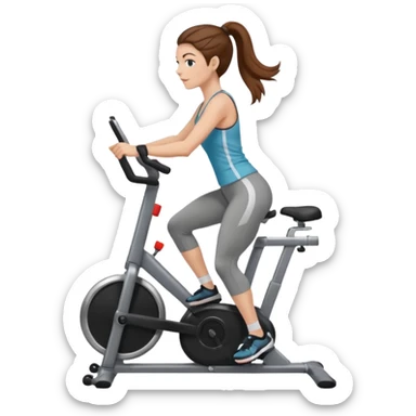 woman with long brown hair pulled back, fair skin, wearing ankle-length leggings on a stationary bike sticker