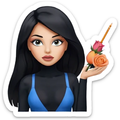 Glamours, tanned, very beautiful girl, with big pump peach-beige-rose lips, eyeliner, long long lashes, black straight smooth silky long hair, straight parting hair, blue-grey eyes, in totally black bodysuit  sticker