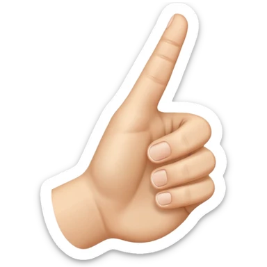 A realistic close-up photo of a right hand entering the frame from the bottom right corner, back of the hand facing the camera, pointing diagonally upwards to the left with only the thumb and index finger extended in a finger gun or L-shape gesture, other fingers closed and tucked in. sticker