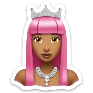 Nicki Minaj with a long straight pink bob and bangs and a diamond chain that says “queen”. She he’s a crown on her head  sticker