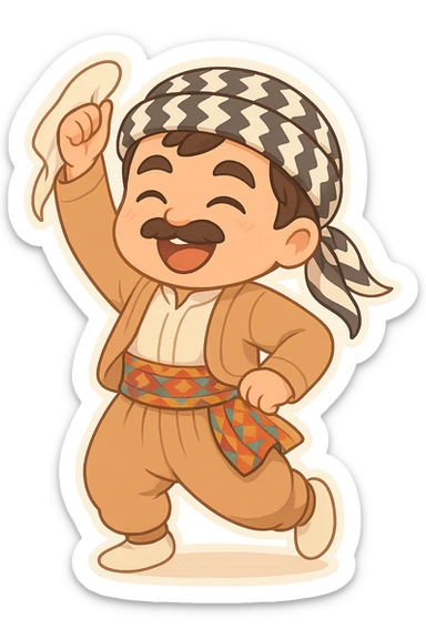 Create a chibi Kurdish cartoon sticker based on the reference image, showing a proud (confident) expression, with a transparent background. sticker
