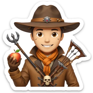 male human monster hunter emoji, wearing brown leather coat and wide hat, holding crossbow, with amulet shaped like skull, Halloween fantasy theme, confident smile, orange scarf, Apple emoji style, clean white background, square image sticker