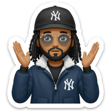 African American man with shoulder length black dreadlocks with black beard wearing black sunglasses with black bubble winter coat wearing a New York Yankees baseball hat with his hands on top of head in thinking position sticker