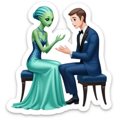 alien reptilian green skin woman, in long slim pastel blue formal party satin dress with gradient shiny sparkling navy blue diamonds embroidered , and caucasian man in black dres on his knees asks her to marry her sticker