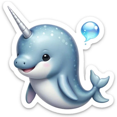 Cinematic Cute Narwhal Portrait Emoji, Head tilted playfully and inquisitively, showcasing a sleek, streamlined body with subtly iridescent, mottled gray skin and a prominently spiraled ivory tusk, complemented by round, sparkling eyes full of gentle wonder, Simplified yet irresistibly adorable features, highly detailed, glowing with a warm, friendly arctic glow, high shine, affectionate and lively, stylized with a touch of whimsical marine charm, soft glowing outline, capturing the essence of a mischievous yet loving narwhal that seems as if it could frolic out of the screen into your heart! sticker