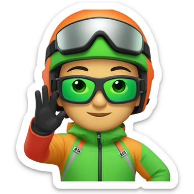 asian boy expert skier with red jacket, orange helmet and ski goggles with green lense sticker