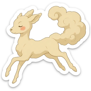 vanilla-colored cloud doe, floating with rosy cheeks and witch-like grace, ghibli style sticker