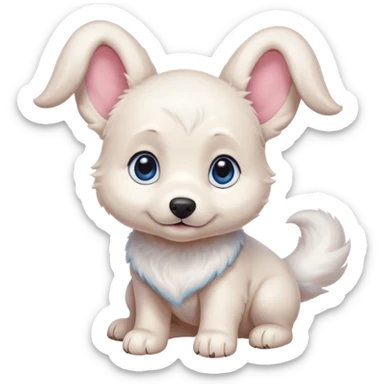 a shy but friendly white puppy with long ears that let him fly, blue eyes, pink cheeks, and a tail shaped like a cinnamon roll sticker