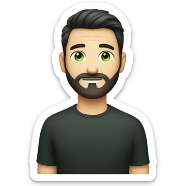 Handsome man with dark hair, gradient short hair on the side, green eyes. Thin face. Black t-shirt. A little beard. An contact emoji has to be next him sticker