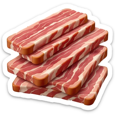 raw bacon lardons, pile, thick short strips, rectangular, pinkish-red meat, white fat, clean moist, marbled, irregular cuts, no pan, no herbs, no background, no faces, clean 3D, soft shadows, transparent background, emoji scale sticker