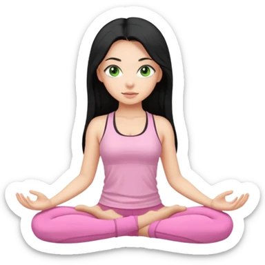 Girl with super long black hair with green eyes doing yoga with light pink clothes sticker