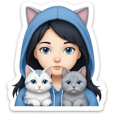 Girl with black hair in gray hoodie with a British shorthair blue and white cat and a long-haired blue and white cat sticker