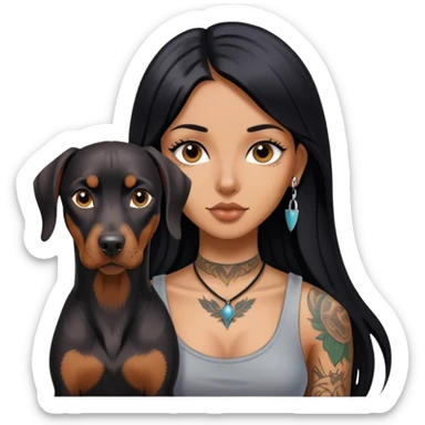 girl with long black  straight hair and tattoos and Doberman Pinscher sticker