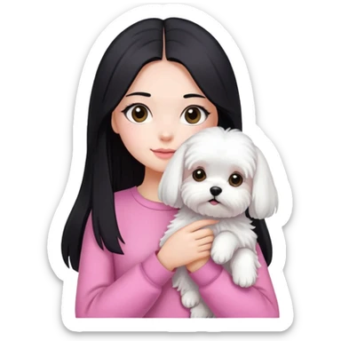 Beautiful girl with long straight black hair, fair skin, wearing pink clothes, holding a pure white fluffy Maltese dog sticker