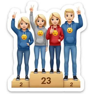 three people in jeans and hoodies on a winners podium labeled 2, 1, 3 left to right, center person on 1 step holding up one finger on each hand, bright cheerful expressive emoji illustration sticker