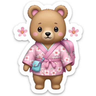 A cute light-brown bear wearing a pastel pink sakura-patterned kimono, normal balanced body ratio.  
Wearing a small backpack on the back, one paw holding the strap, ready to go outside.  
Kawaii emoji style, minimalistic clean sticker illustration, white background. sticker
