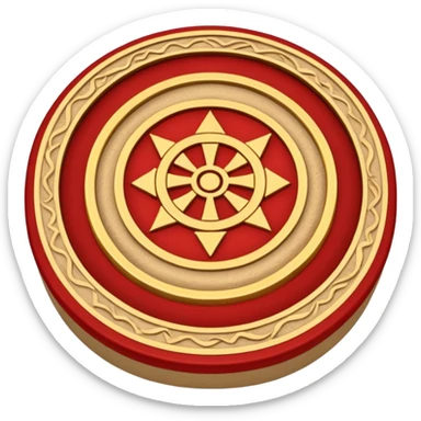 Create a circular casting sigil based off of the wizard101 balance school using base color sand and trim color red. A golden scale in the middle as a focus  sticker
