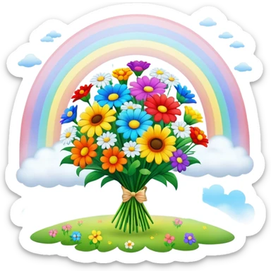 bouquet of flowers surrounded by light and mist in a field of rainbows sticker