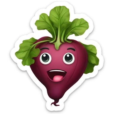 miling beetroot with big expressive eyes, rosy cheeks, and a green leaf on top. Simple and bright design with a cheerful and cartoonish style. sticker