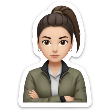 สีตาโทนสีเทาเท่ ๆ มีประกายคม

คิ้วได้รูป มองแล้วดูสตรอง

ผมหางม้าสูง / ผมสั้นสปอร์ต

เสื้อแจ็กเก็ต / ลุคสตรีทแฟชั่น

ท่าโพสกอดอก
ฟีล: Girl Boss, cool beauty, minimal but powerful sticker