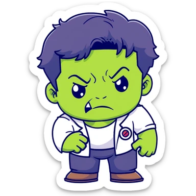 Chibi Bruce Banner transforming into Hulk, showing stages of transformation from nerdy scientist to green monster, cute big head style, adorable expression changing from worried to angry sticker