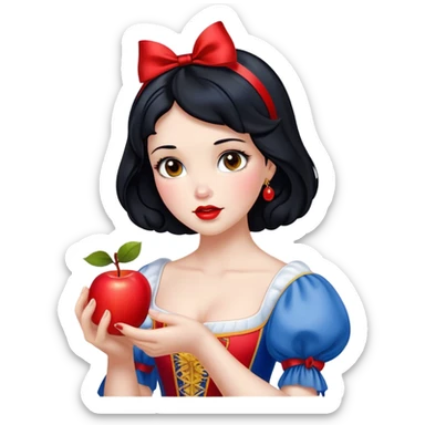 Cinematic Realistic Snow White Portrait, depicted with lifelike skin texture, soft natural lighting, and intricately detailed black hair styled with a red ribbon. Her soft brown eyes radiate innocence and kindness, complemented by a warm, gentle smile. She holds an apple in one hand, her other hand resting against her cheek, embodying her purity and charm. She is dressed in her classic yellow, blue, and red gown, the fabric rich in texture with delicate folds that catch the light beautifully. The portrait features a soft, natural glow with a radiant finish, capturing the essence of timeless beauty in a realistic and painterly style. sticker